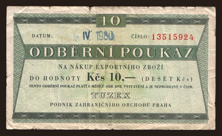 Tuzex, 10 korun, 1980