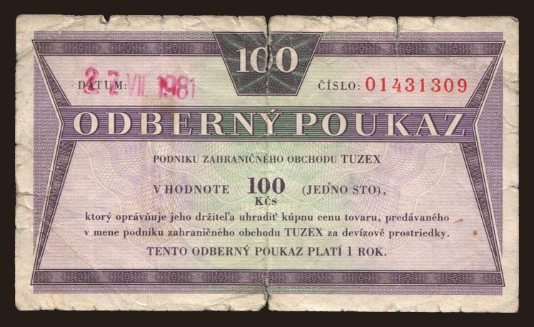 Tuzex, 100 korun, 1981