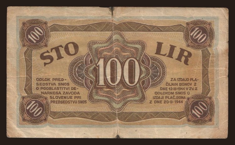Denarni zavod Slovenije, 100 lir, 1944
