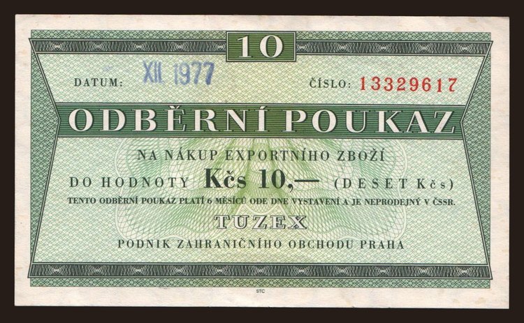 Tuzex, 10 korun, 1977