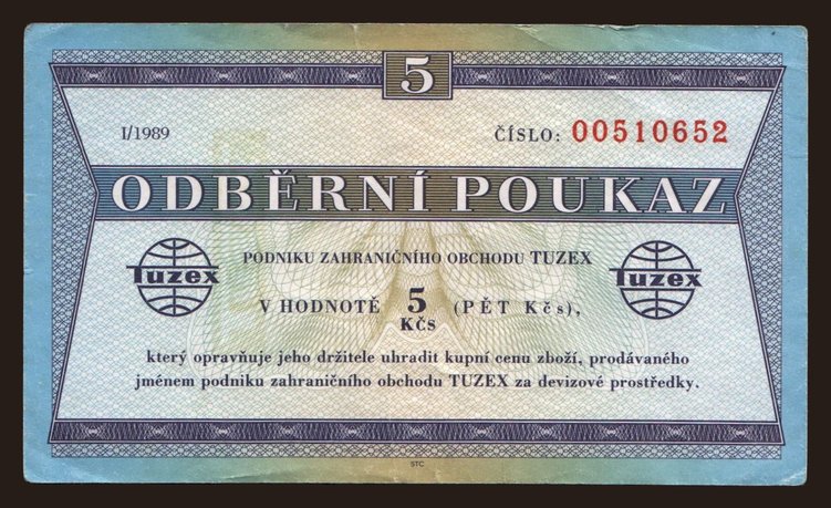 Tuzex, 5 korun, 1989