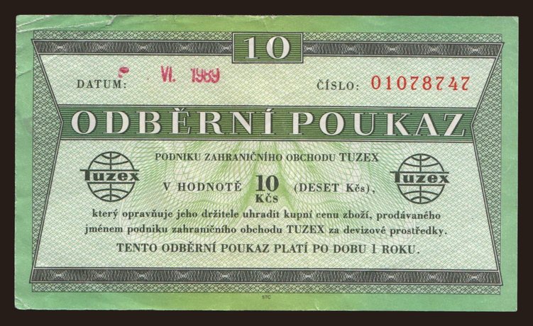 Tuzex, 10 korun, 1989