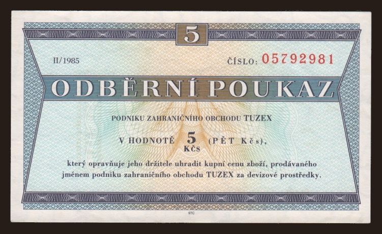 Tuzex, 5 korun, 1985