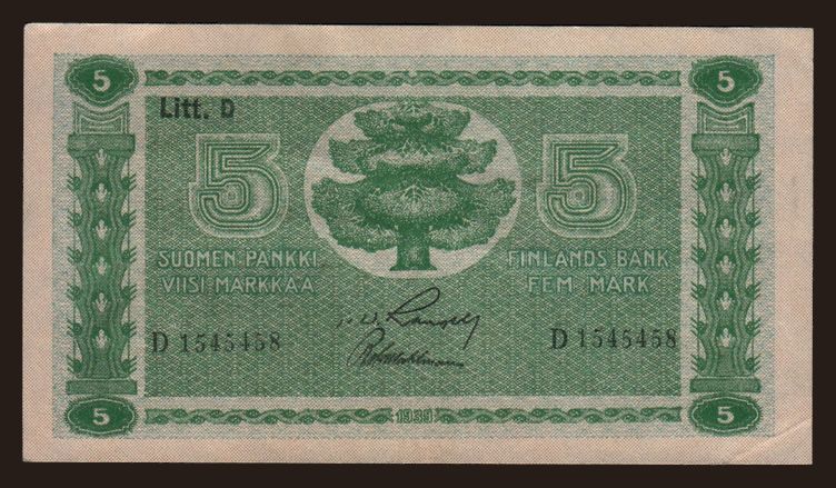 5 markka, 1939, Litt. D