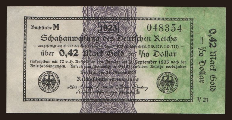 Berlin/ Schatzanweisungen des Deutsches Reichs, 0.42 Mark Gold, 1923