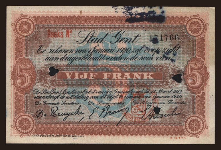 Gent/ Gand, 5 francs, 1920