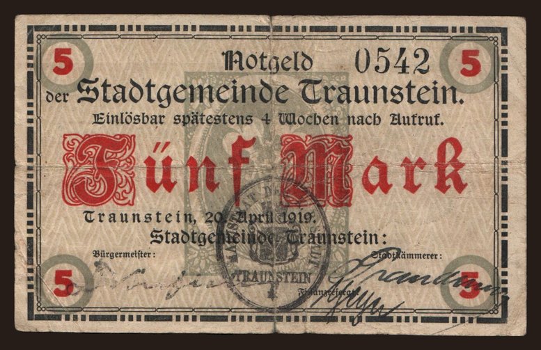 Traunstein/ Stadt, 5 Mark, 1919