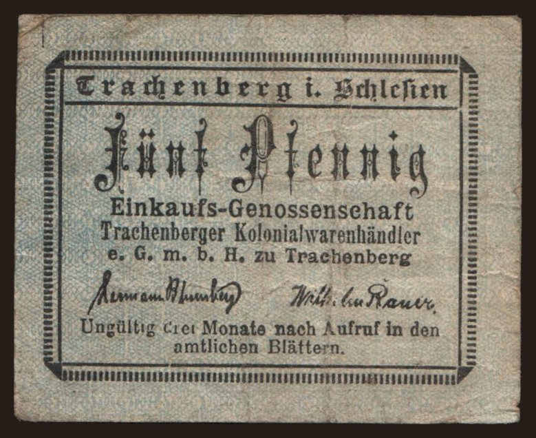 Trachenberg/ Einkaufsgen. d. Kolonialwarenhändler, 5 Pfennig, 1920