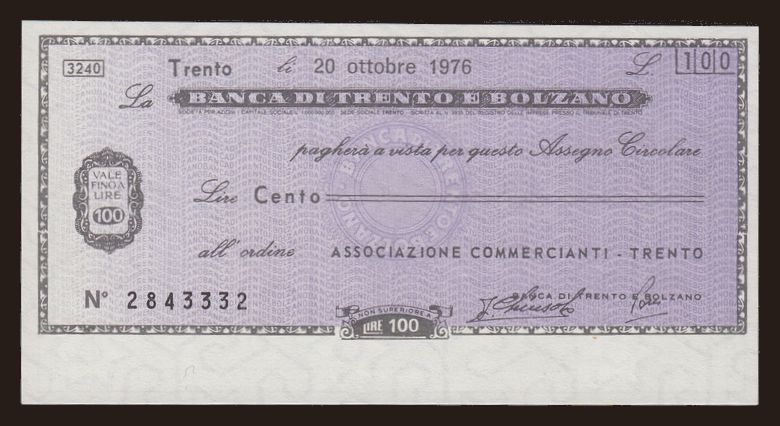 Banca di Trento e Bolzano, 100 lire, 1976