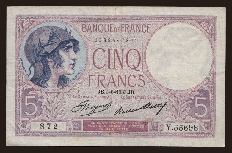 5 francs, 1933