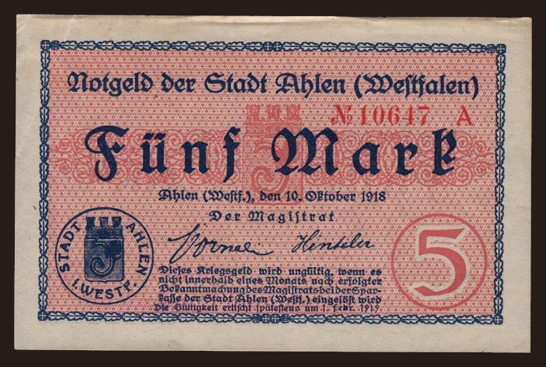 Ahlen/ Stadt, 5 Mark, 1918