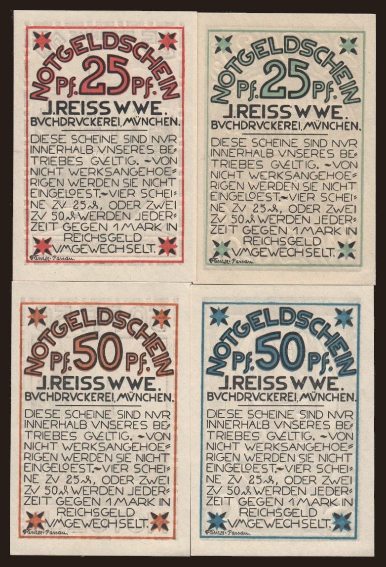 München/ J. Reiss Wave, 4x 25 - 50 Pfennig, 1921