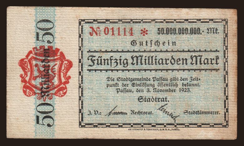 Passau/ Stadtrat, 50.000.000.000 Mark, 1923