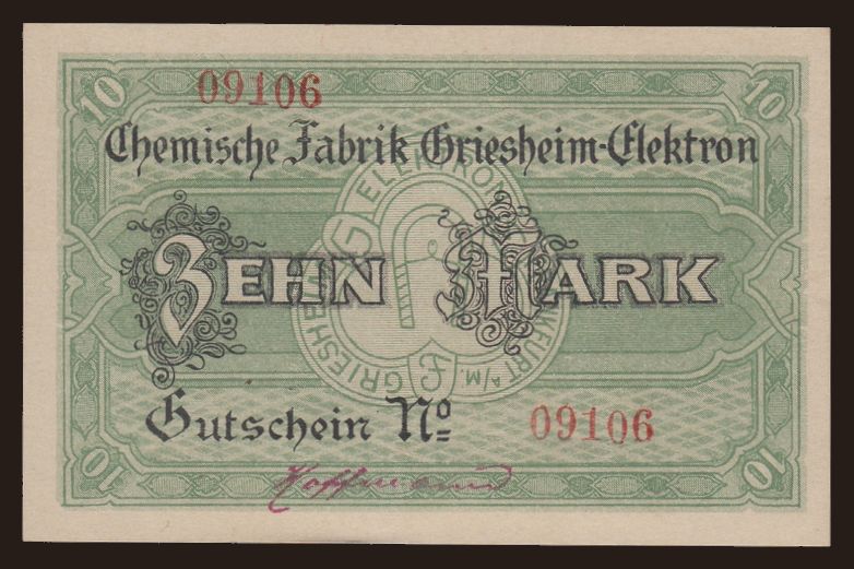 Frankfurt a M./ Chemische Fabrik Griesheim-Elektron, 10 Mark, 1918