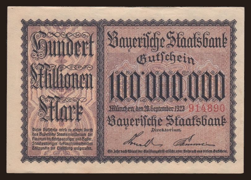 Bayerische Staatsbank, 100.000.000 Mark, 1923