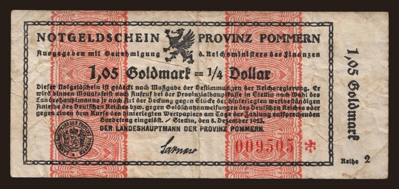 Stettin/ Provinz Pommern, 1.05 Goldmark, 1923