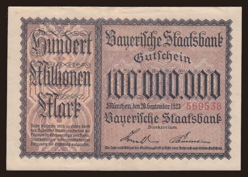 Bayerische Staatsbank, 100.000.000 Mark, 1923