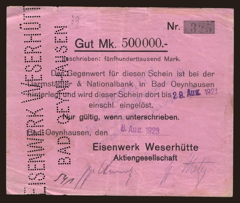 Bad Oeynhausen/ Eisenwerk Weserhütte A.G., 500.000 Mark, 1923
