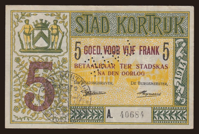 Kortrijk, 5 francs, 1914