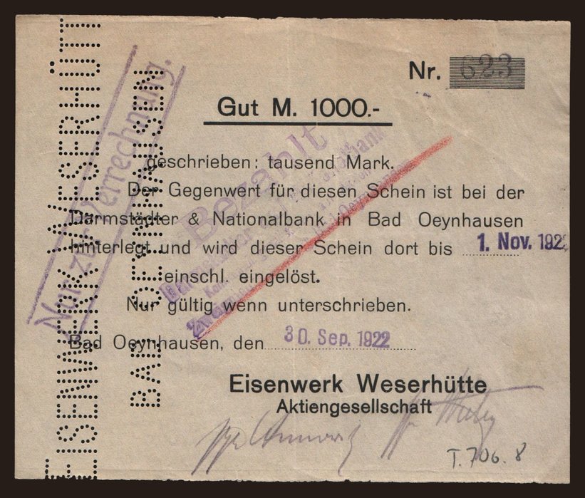 Bad Oeynhausen/ Eisenwerk Weserhütte A.G., 1000 Mark, 1922