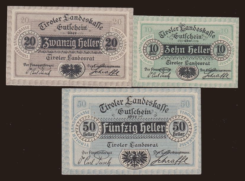 Tirol, 10, 20, 50 heller, 1.10.1920, (3x)