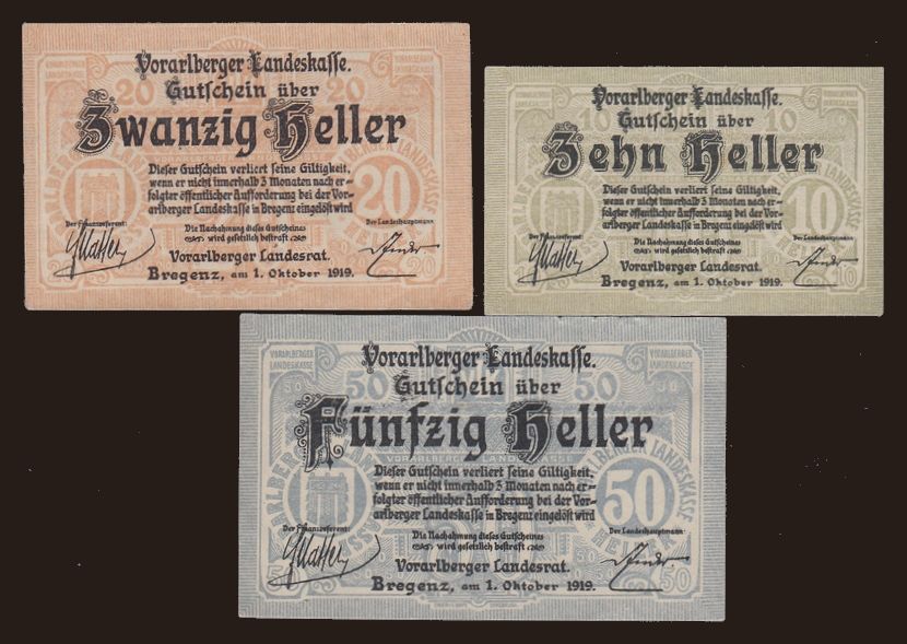 Vorarlberg, 10, 20, 50 heller, 1.10.1919, (3x)