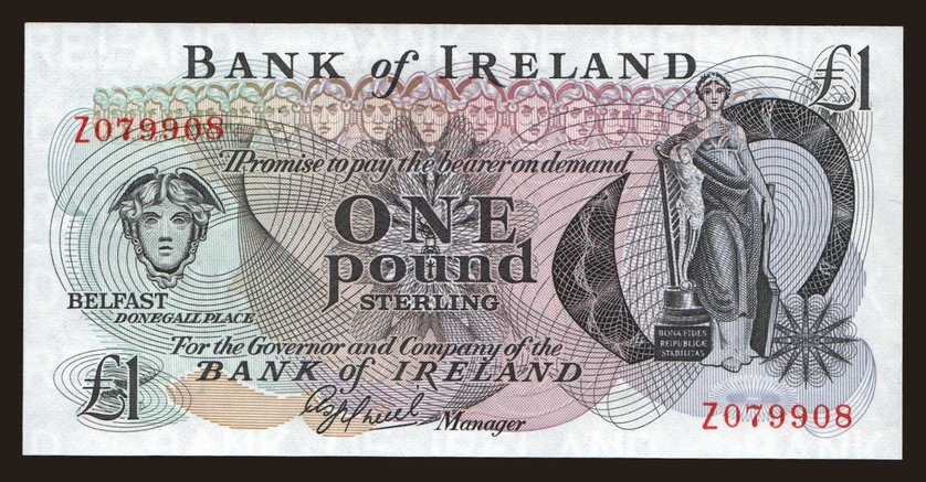 Bank of Ireland, 1 pound, 1980, replacement