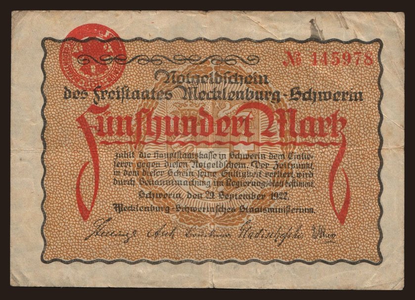 Schwerin/ Staatsministerium Mecklenburg Schwerin, 500 Mark, 1922
