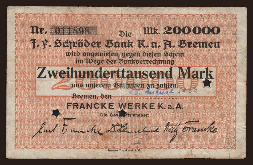 Bremen/ Francke Werke K.a.A., 200.000 Mark, 1923