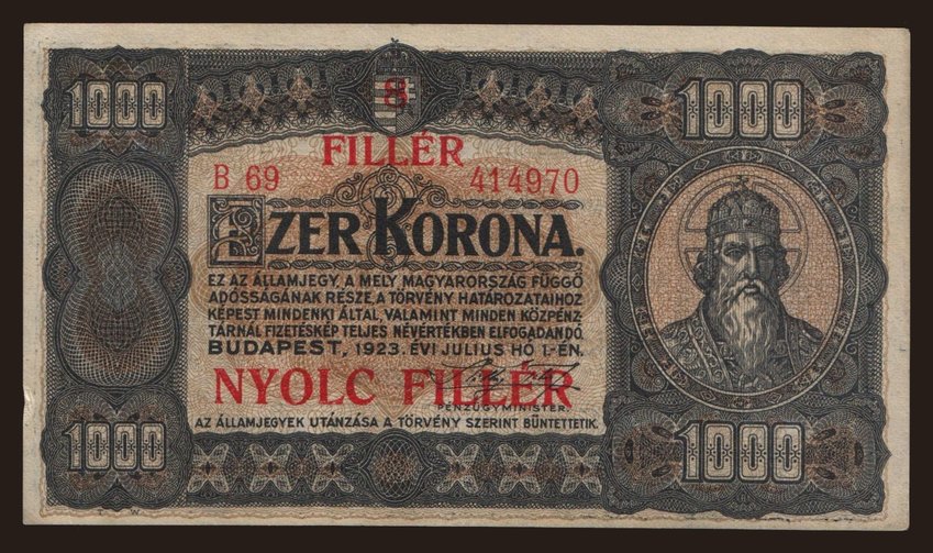 1000 korona/ 8 fillér, 1923