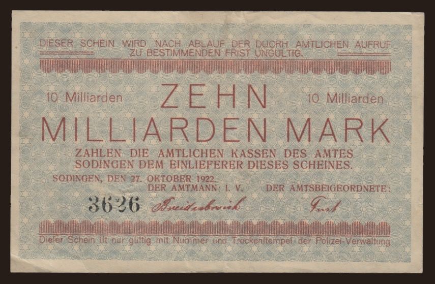 Sodingen/ Amt, 10.000.000.000 Mark, 1923, (chybotlač 1922)