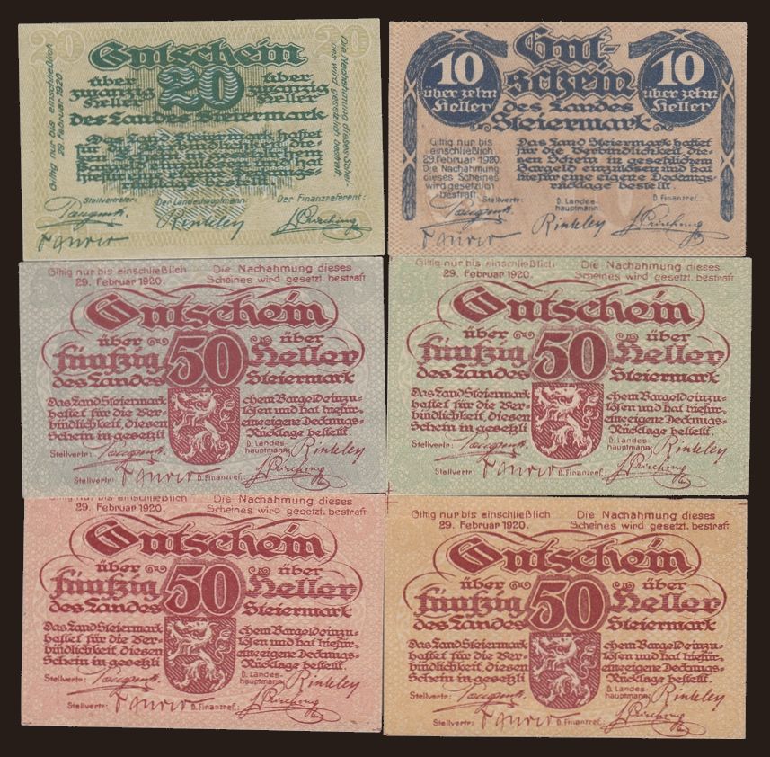 Steiermark, 10, 20, 50 heller, 17.10.1919, (6x)