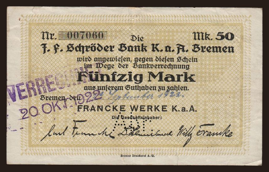 Bremen/ Francke Werke K.a.A., 50 Mark, 1922