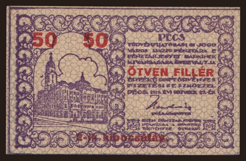 Pécs, 50 fillér, 1919