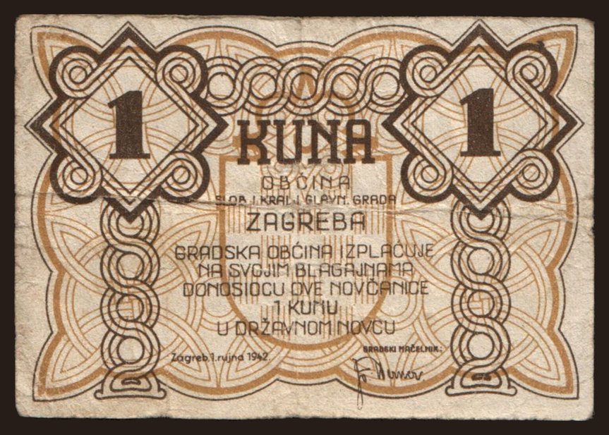 Zagreb, 1 kuna, 1942