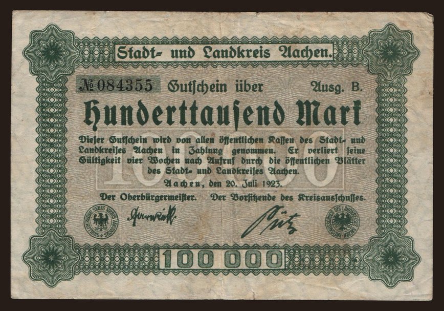 Aachen/ Stadt- und Landkreis, 100.000 Mark, 1923