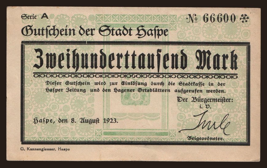 Haspe/ Stadt, 200.000 Mark, 1923