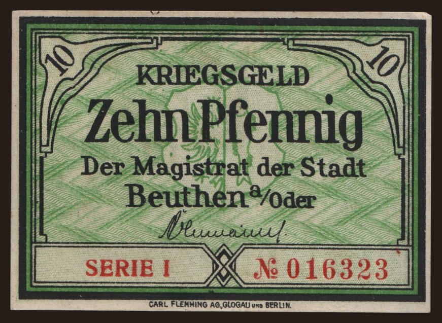 Beuthen (Bytom Odrzanskie), 10 Pfennig, 191?