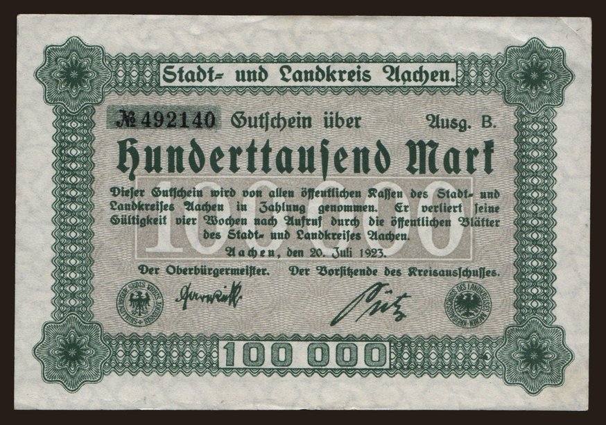 Aachen/ Stadt- und Landkreis, 100.000 Mark, 1923