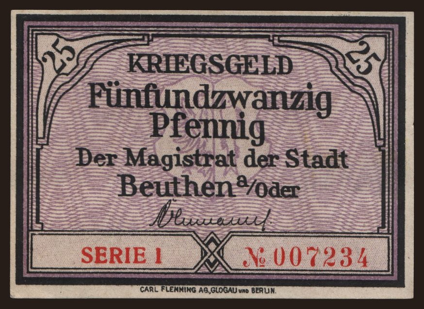 Beuthen (Bytom Odrzanskie), 25 Pfennig, 191?
