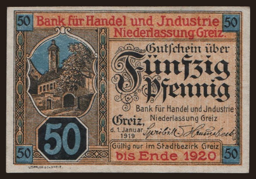 Greiz/ Bank für Handel und Industrie, 50 Pfennig, 1919