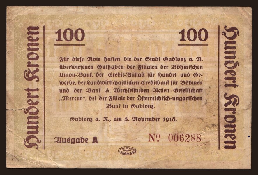Gablonz, 100 Kronen, 1918