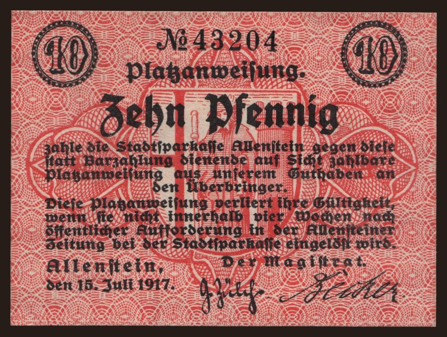 Allenstein (Olsztyn), 10 Pfennig, 1917