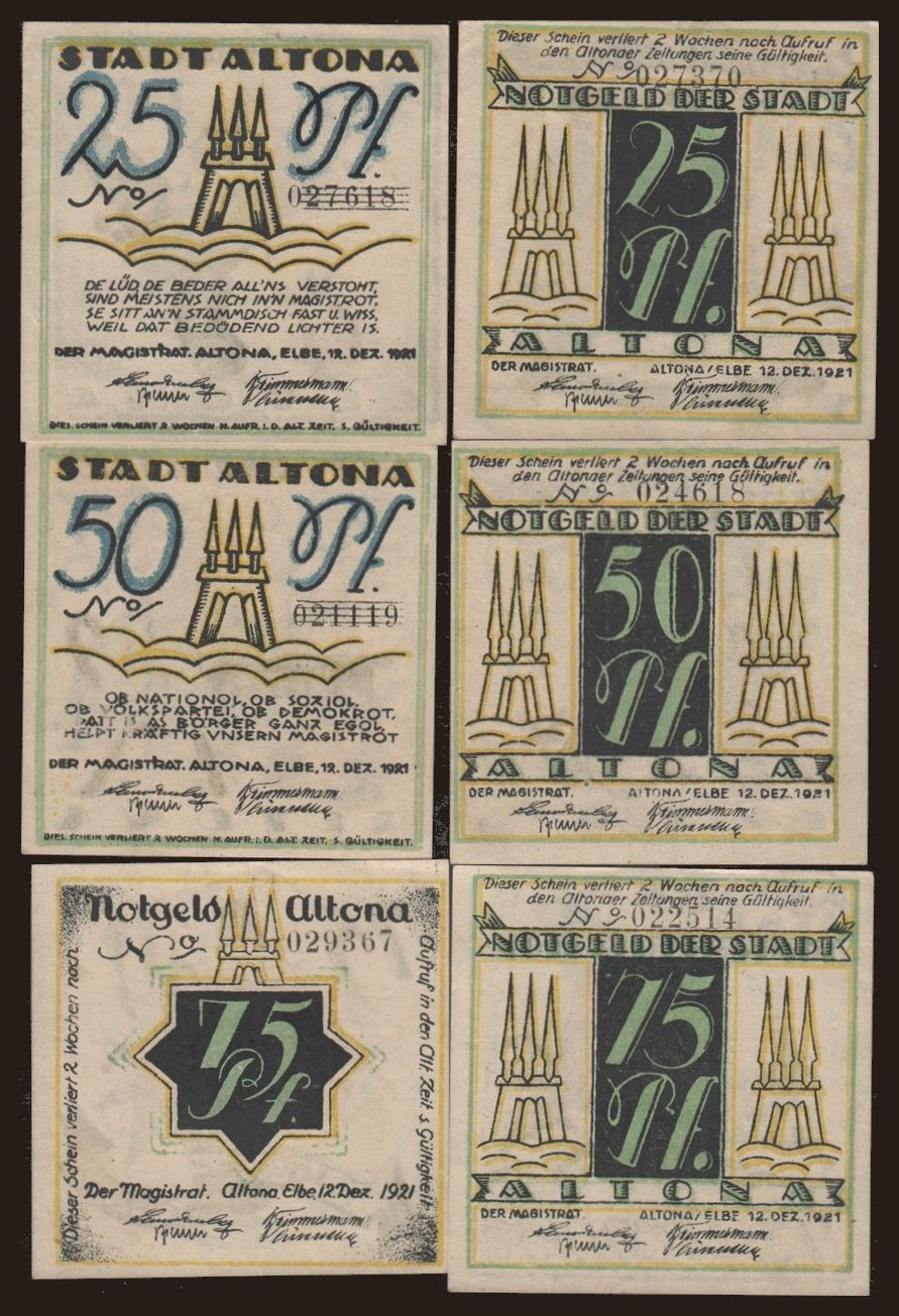 Altona, 6x 25 - 75 Pfennig, 1921