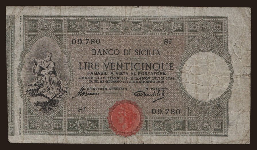 Banco di Sicilia, 25 lire, 1918