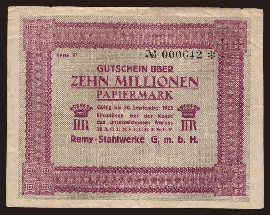 Hagen-Eckesey/ Remy - Stahlwerke G.m.b.H., 10.000.000 Mark, 1923