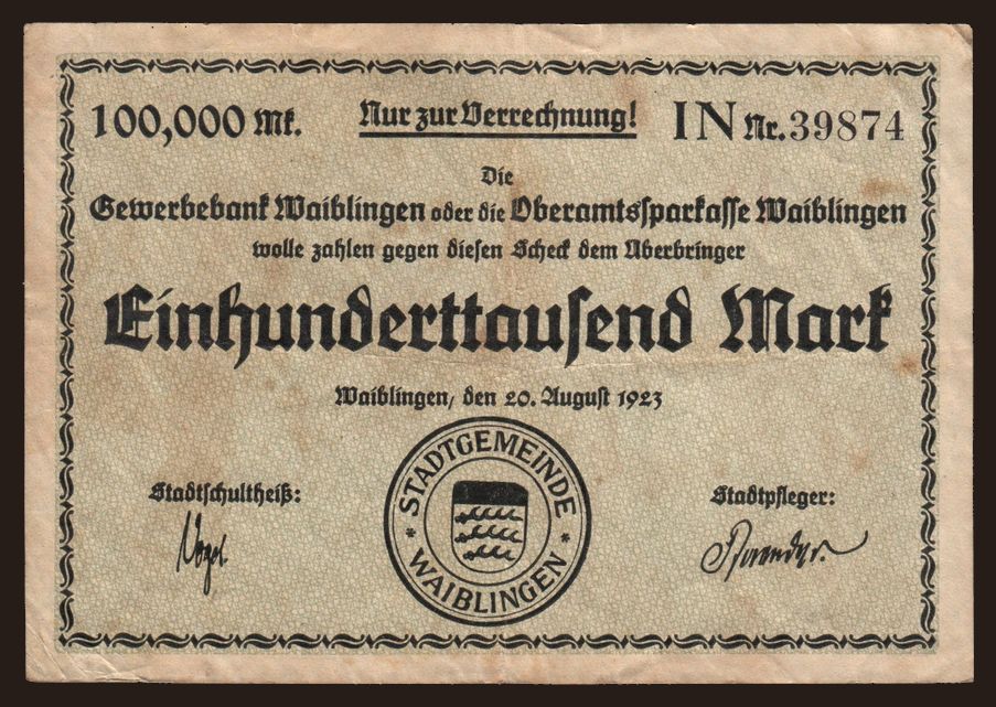 Waiblingen/ Stadtgemeinde, 100.000 Mark, 1923