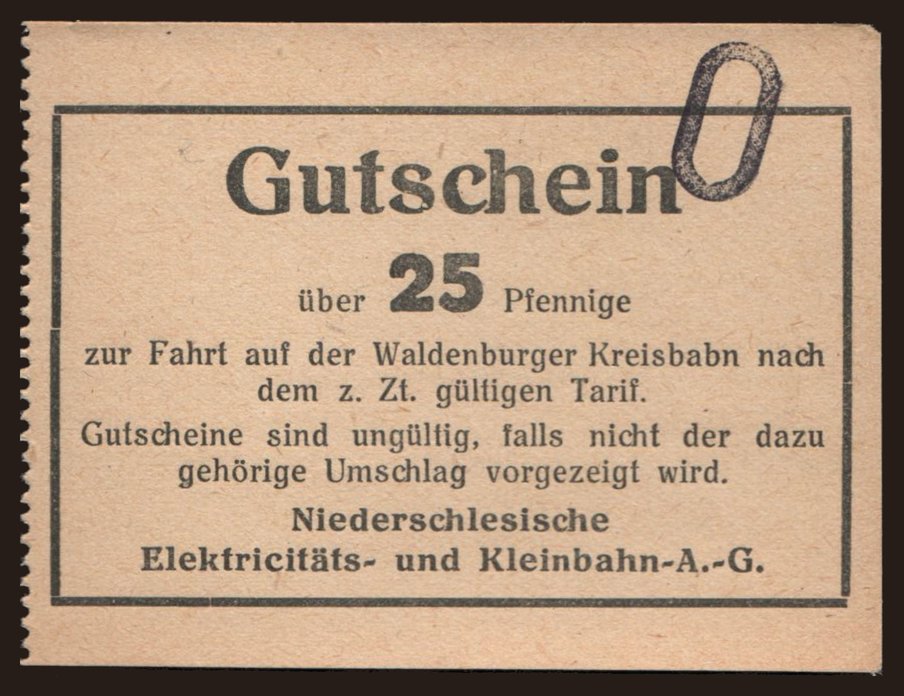 Waldenburg/ Niederschles. Elek.- und Kleinbahn, 25 Pfennig, 192?