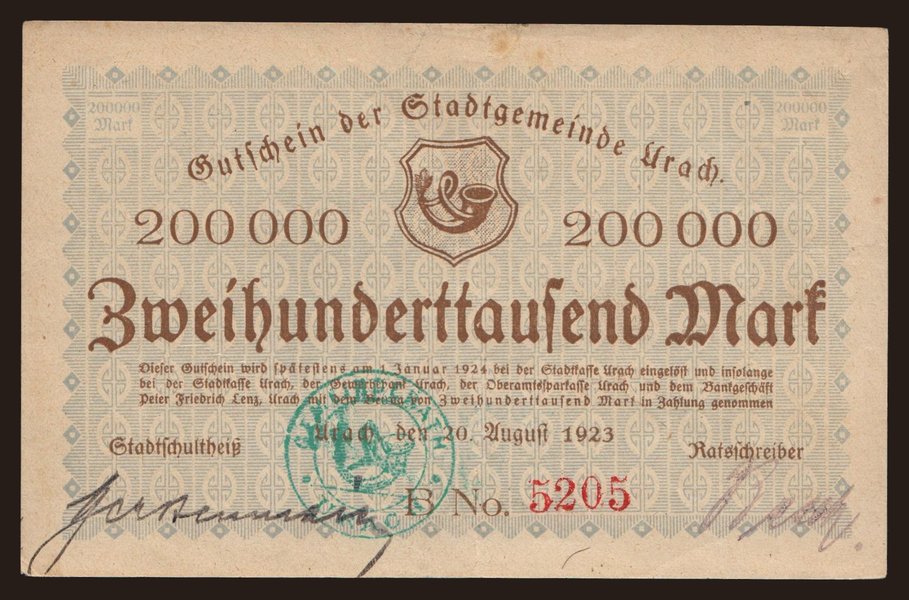 Urach/ Stadtgemeinde, 200.000 Mark, 1923