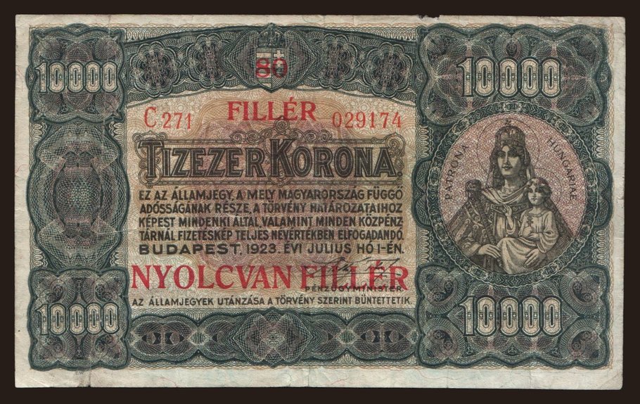10.000 korona/ 80 fillér, 1923